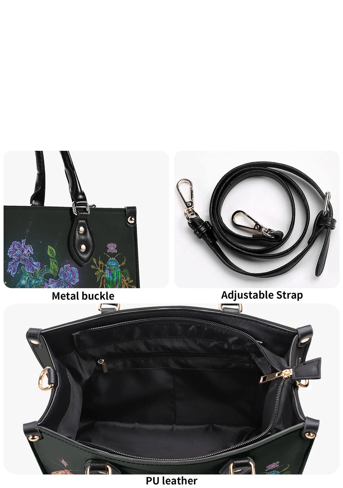 Close-up of black PU leather texture, metal buckle, adjustable strap, and inner zipper pocket for storage