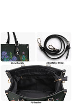 Close-up of black PU leather texture, metal buckle, adjustable strap, and inner zipper pocket for storage