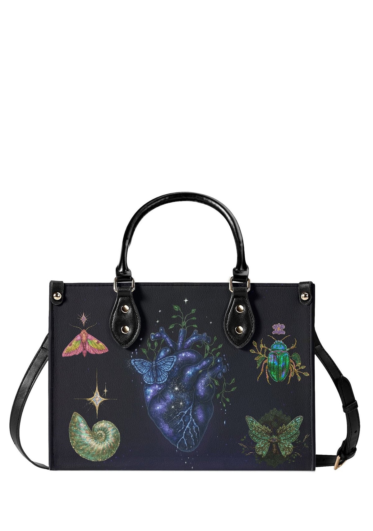 Black gothic handbag with galaxy heart, butterfly, beetles, and celestial symbols