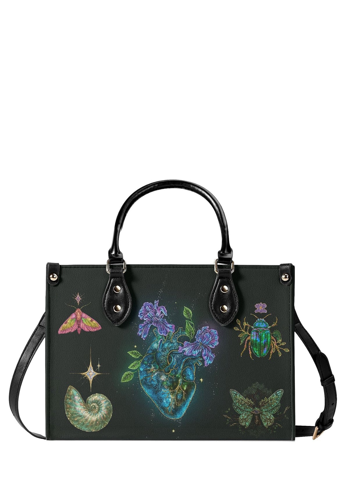 Gothic handbag with glowing blue anatomical heart and violet flowers surrounded by beetles, moths, and celestial symbols