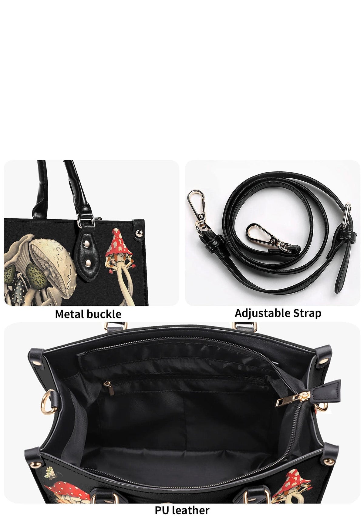 Strap hardware, metal buckle, and mushroom art close-up on gothic bag