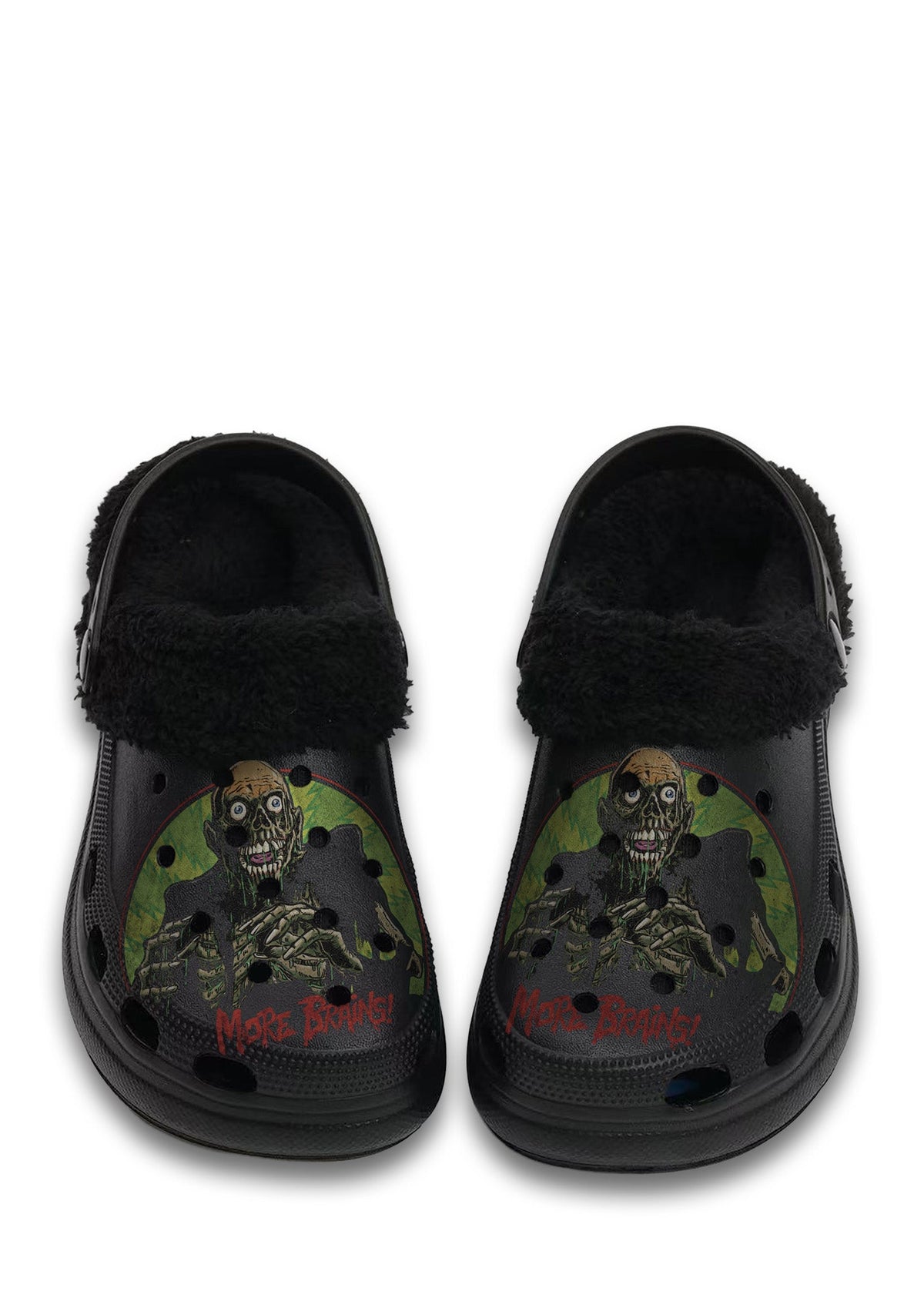 Black fuzzy slippers with zombie skull and "More Brains!" print
