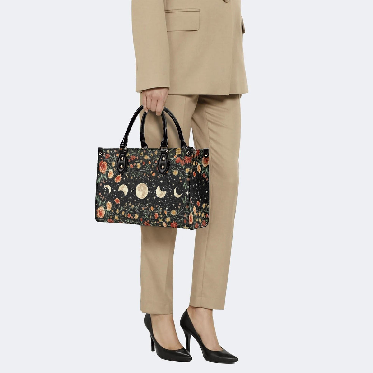 Starry Sky Over Flowers - Leather Handbag