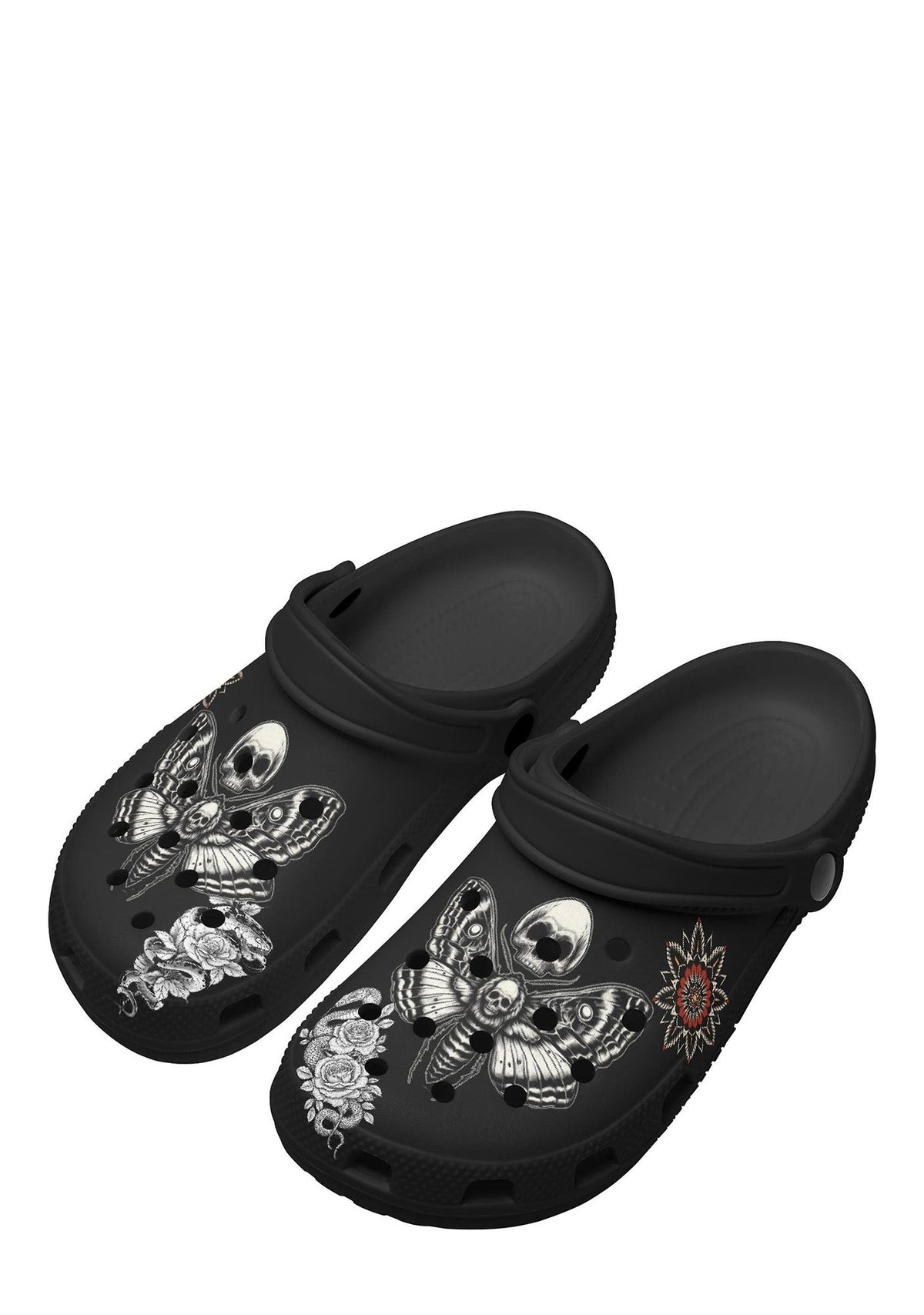 Angled perspective showing tattoo-inspired death moths and snake motifs on slippers