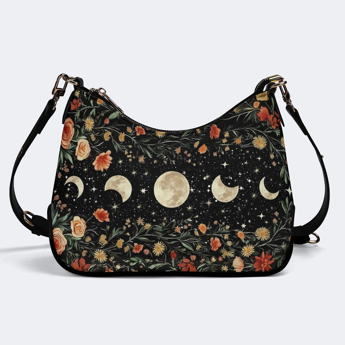 Starry Sky Over Flowers - Leather Crossbody Bag