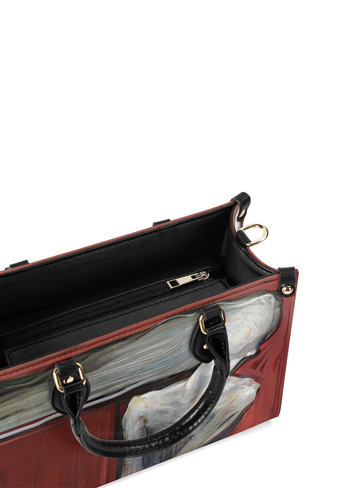 View inside horror-themed handbag with zippered inner compartment
