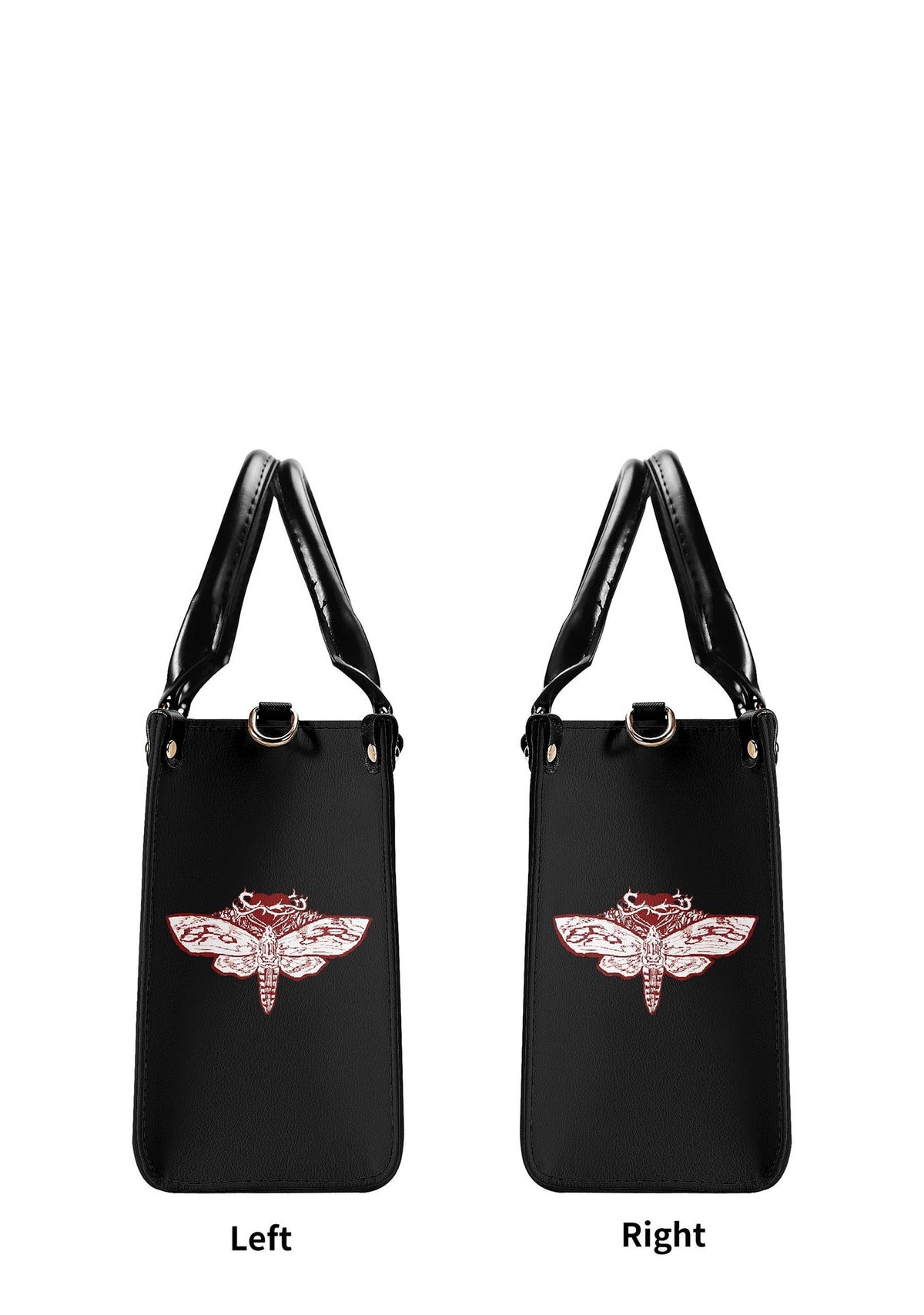 Left and right side views of the handbag with small moth design on both sides