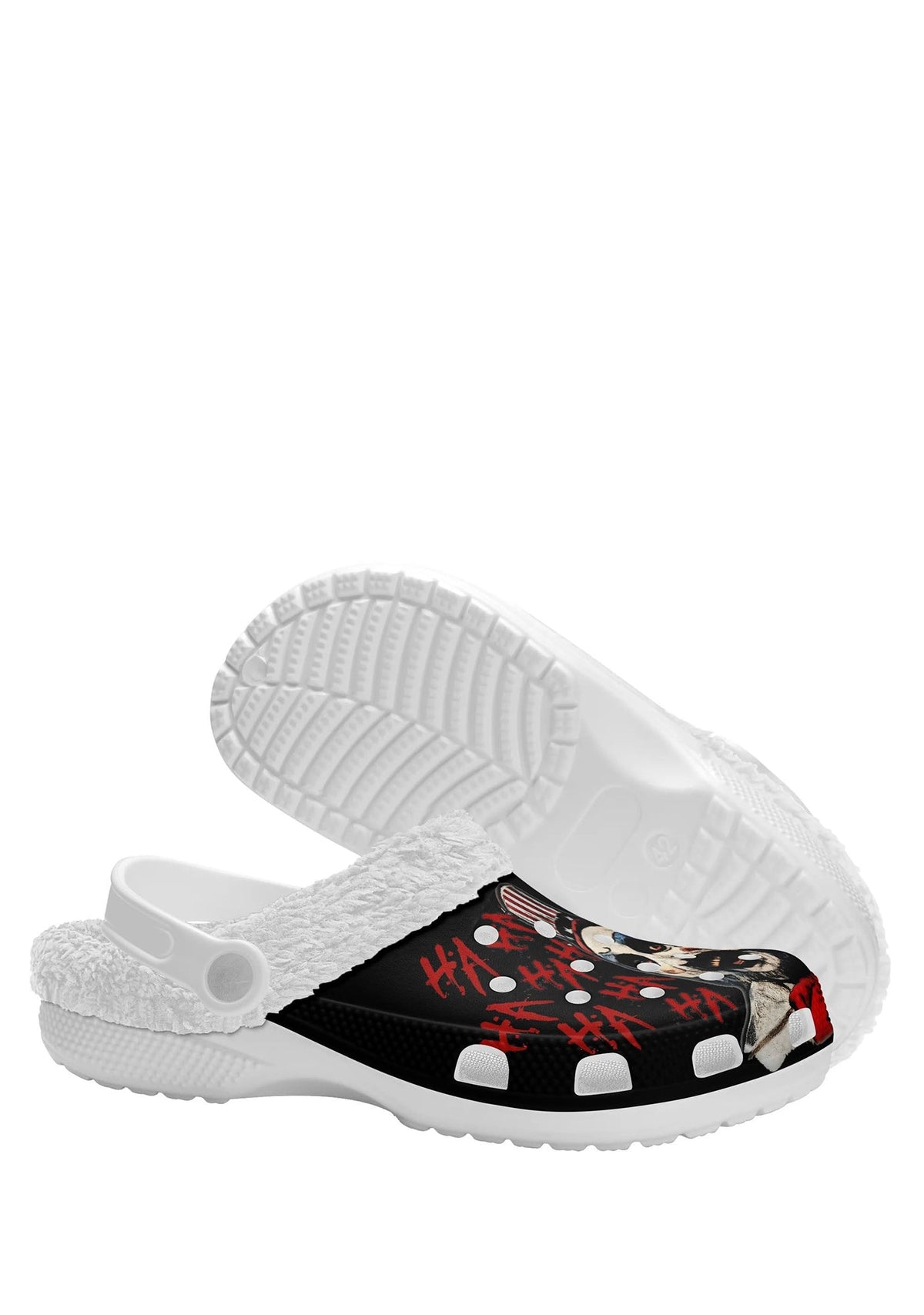 Sole and side view of white horror slippers with clown art