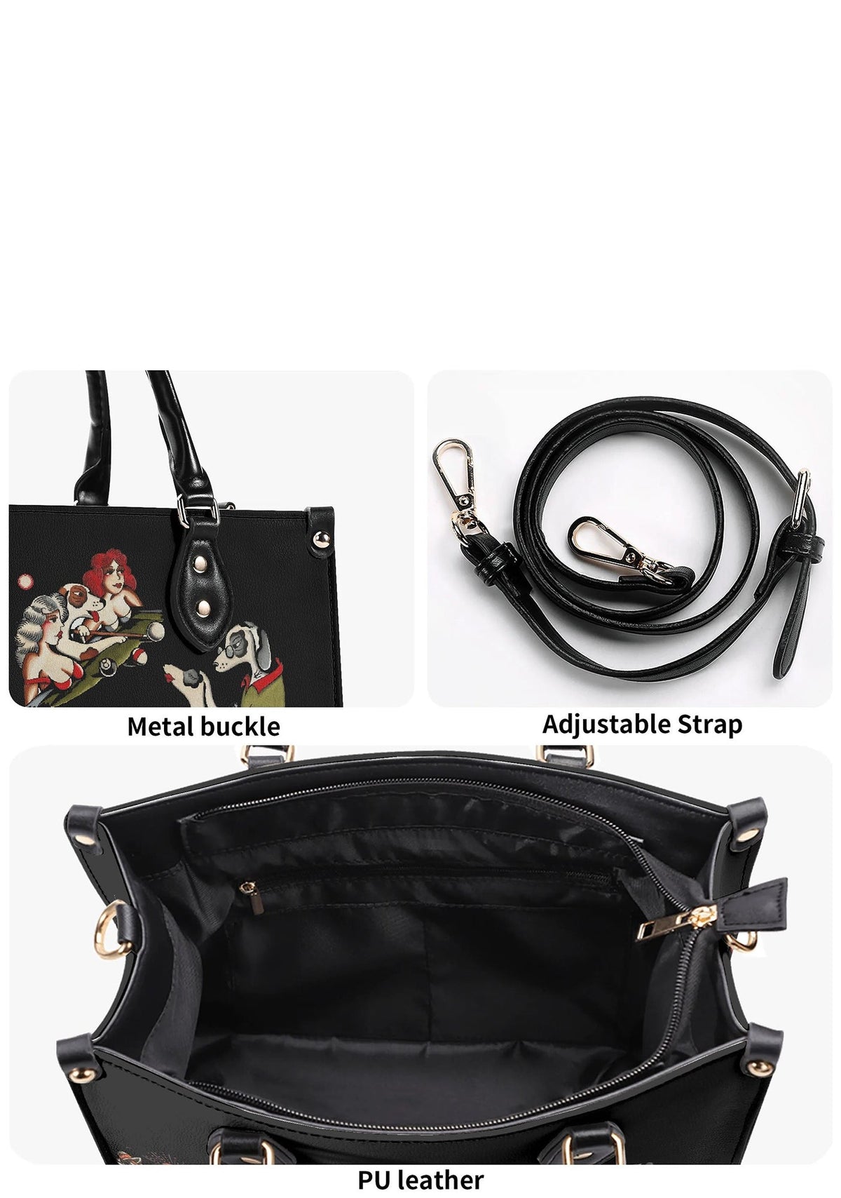 Close-up of gold hardware and detachable strap on tattoo-style bag