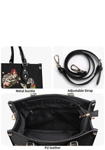 Close-up of gold hardware and detachable strap on tattoo-style bag