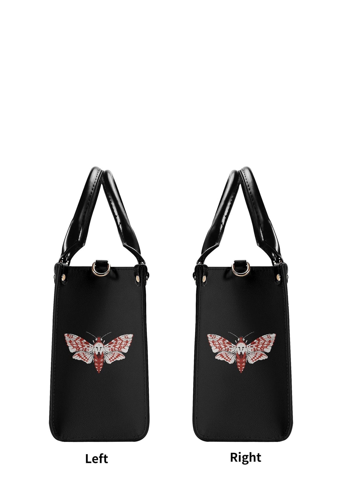 Left and right views of the gothic moth handbag with symmetrical venom moth prints