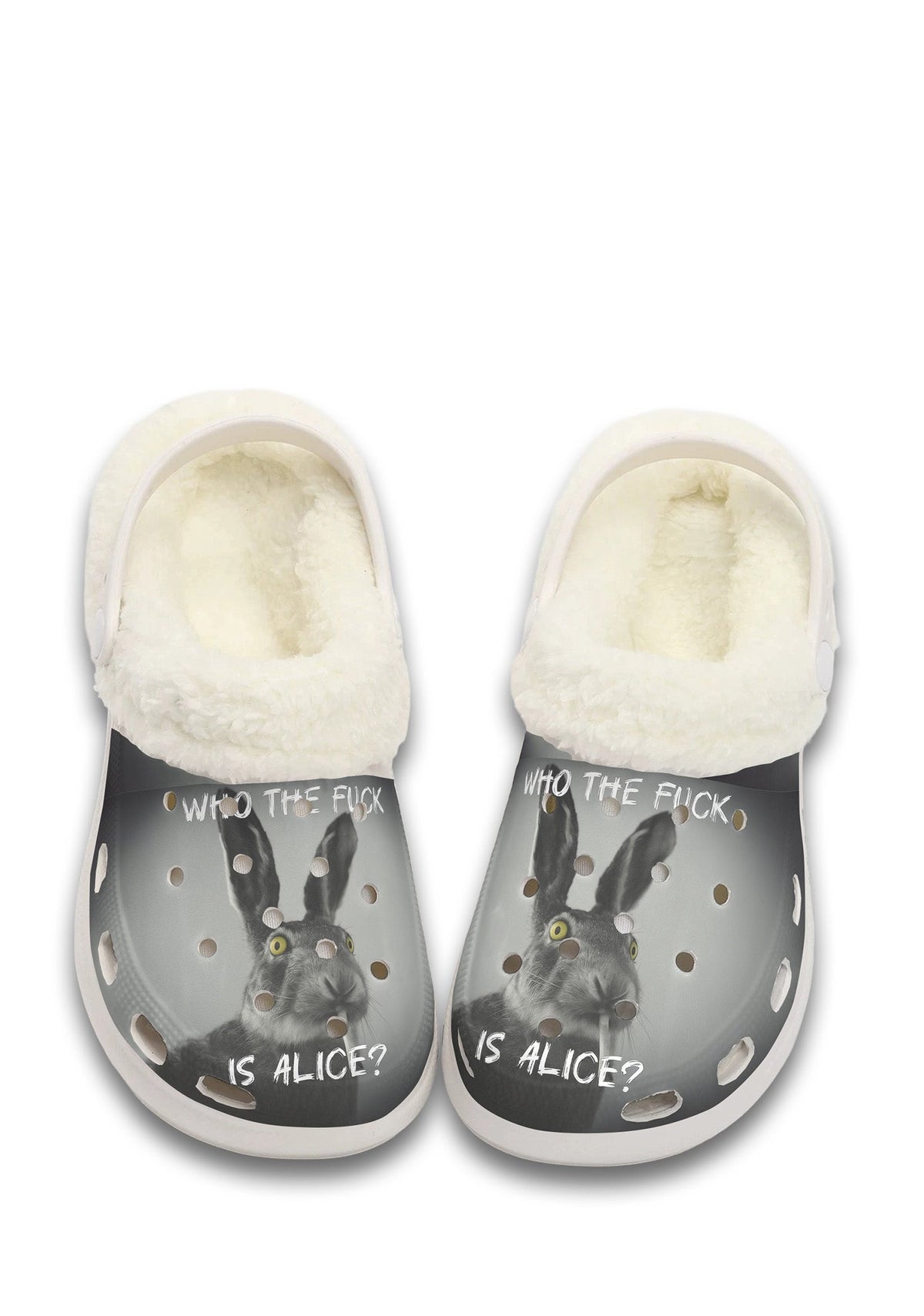 Front view of white lined slippers with yellow-eyed rabbit graphic