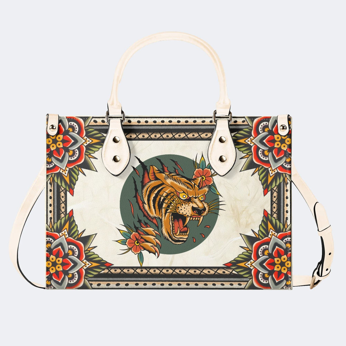 Tiger And Tiger Paw Print - Leather Handbag