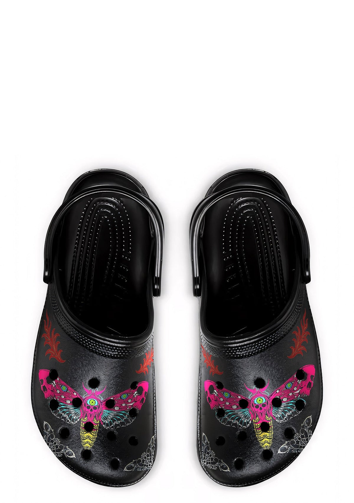 Top view of black clogs with neon pink and yellow moth print