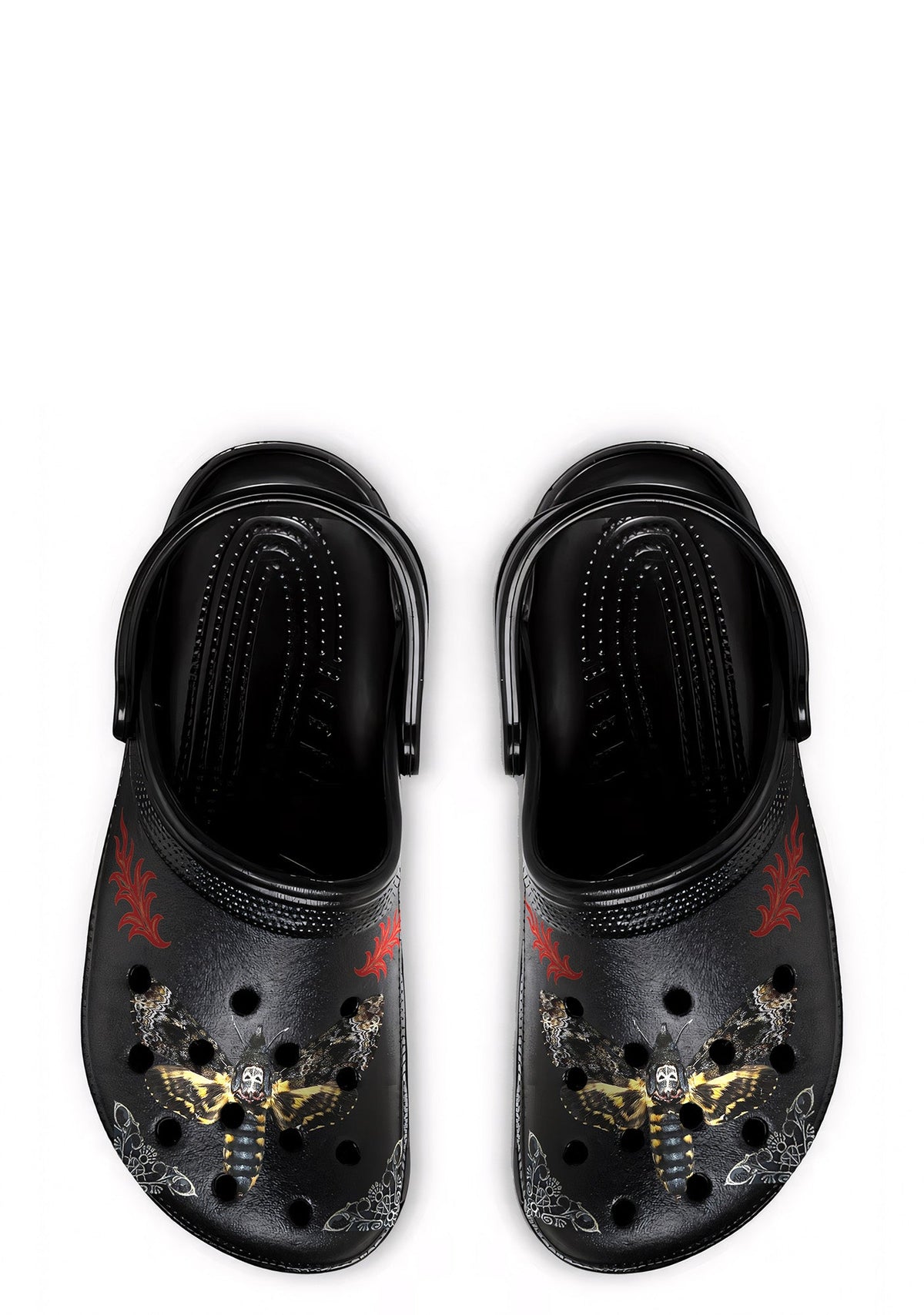 Black Death Flame slippers with gothic red flames and death moth print, top view