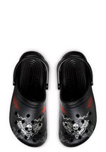 Top view of Whispers In Bloom Slippers in black with gothic moth and flame tattoo print