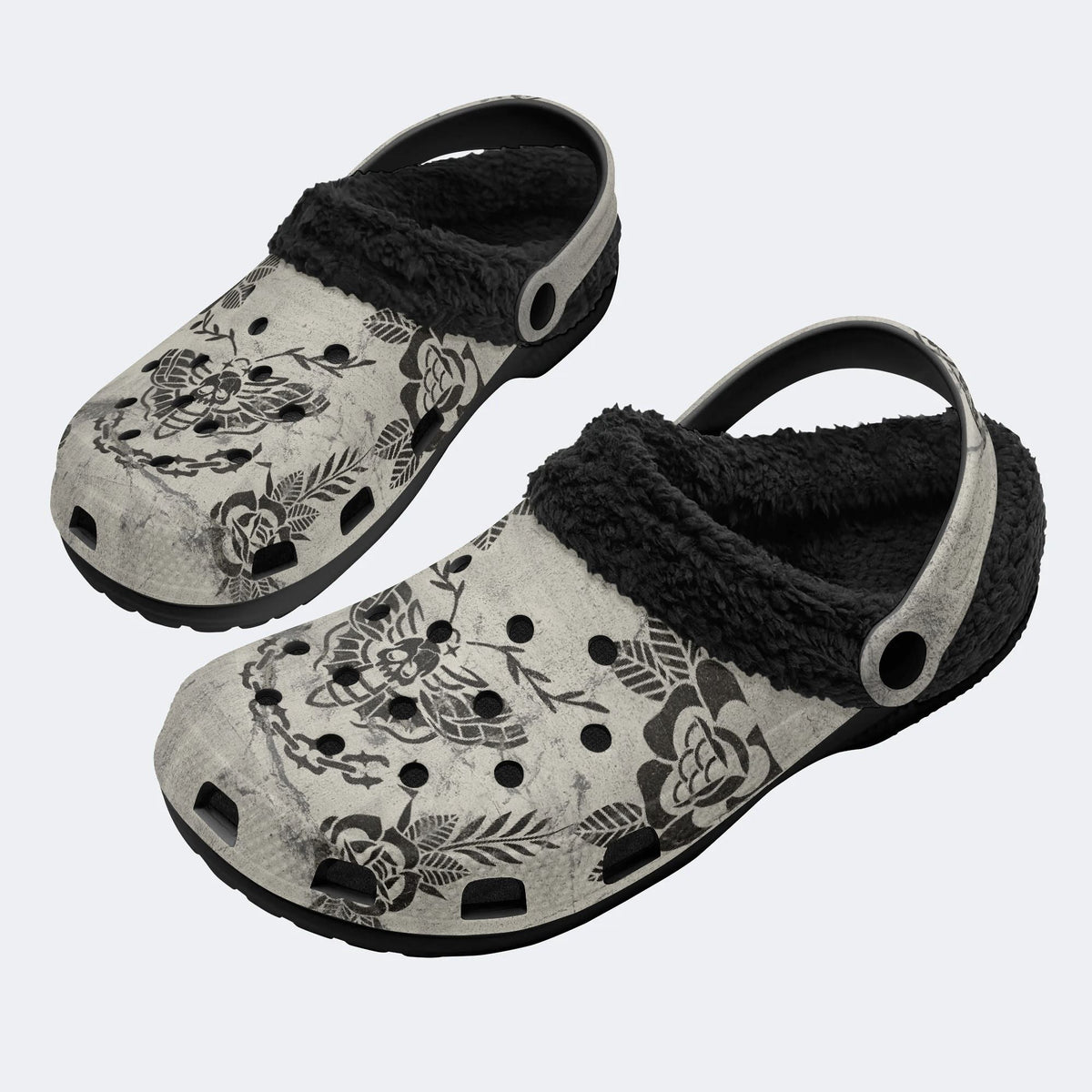 Retro Moth Print - Fur Lined Slippers/Sandals