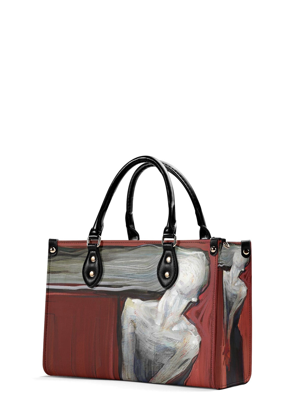 Side view of horror art handbag with ghostly figure in surreal oil style