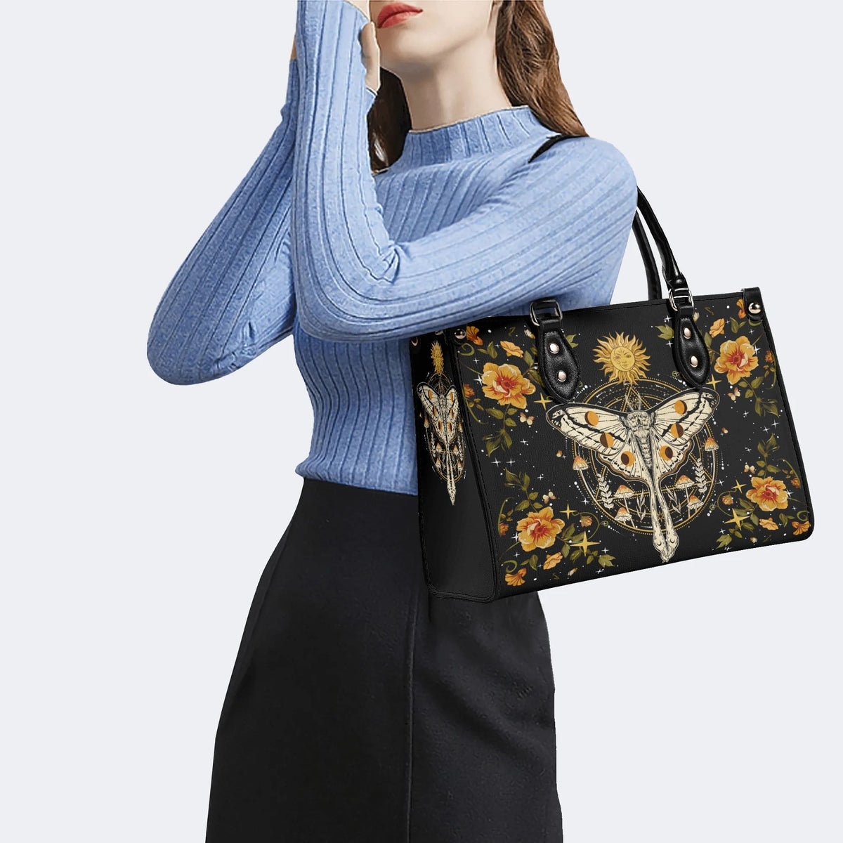 Sun And Moth Print - Leather Handbag