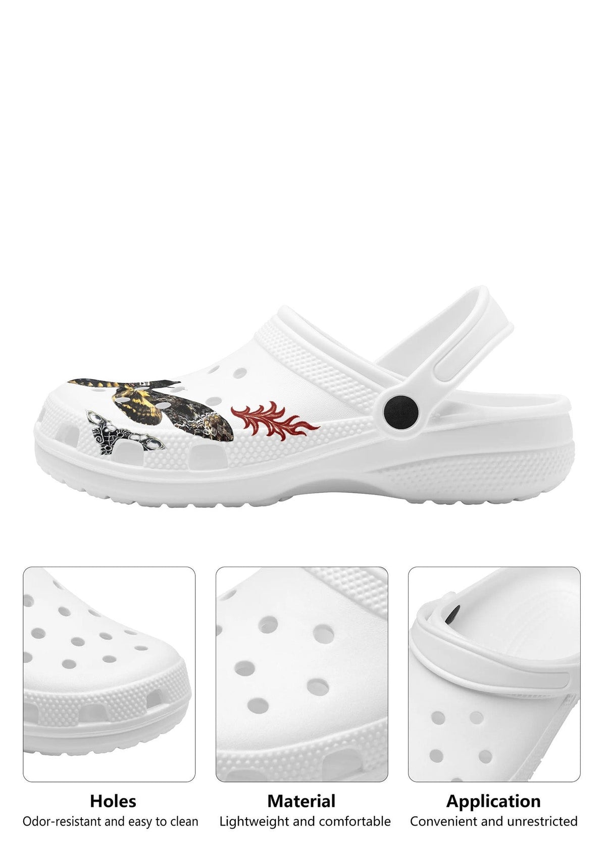 Close-up of red flame and black moth tattoo print on white gothic slippers