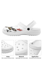 Close-up of red flame and black moth tattoo print on white gothic slippers