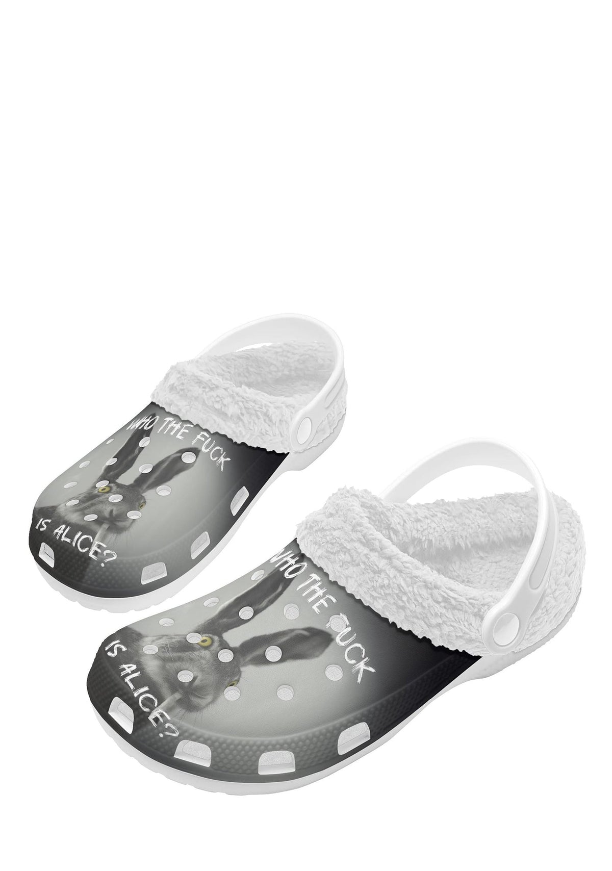 White fuzzy slippers with surreal rabbit artwork and edgy Wonderland quote