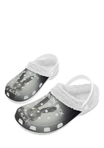 White fuzzy slippers with surreal rabbit artwork and edgy Wonderland quote