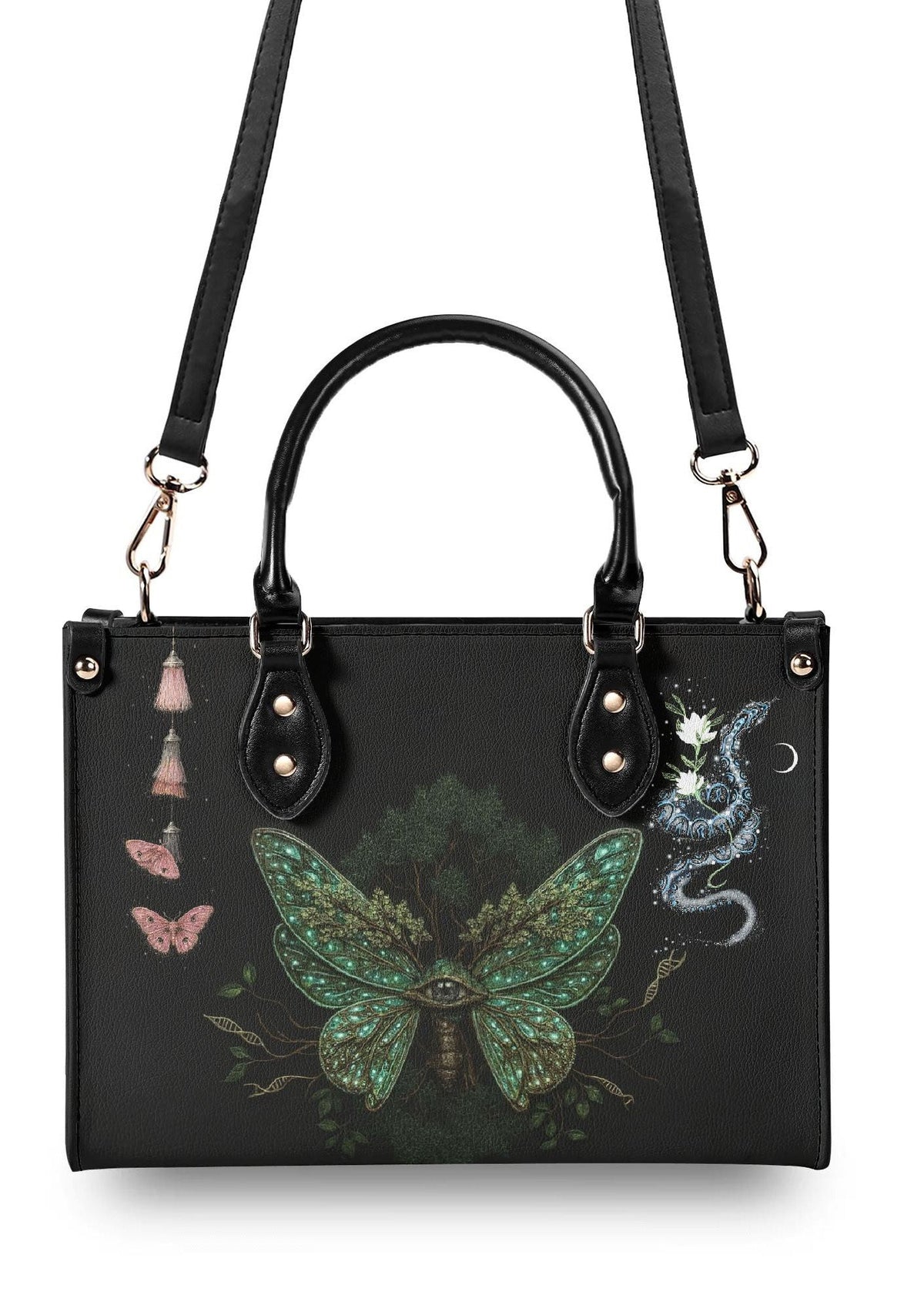 Black structured handbag with crossbody strap showing mystical forest moth and snake print