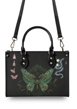 Black structured handbag with crossbody strap showing mystical forest moth and snake print