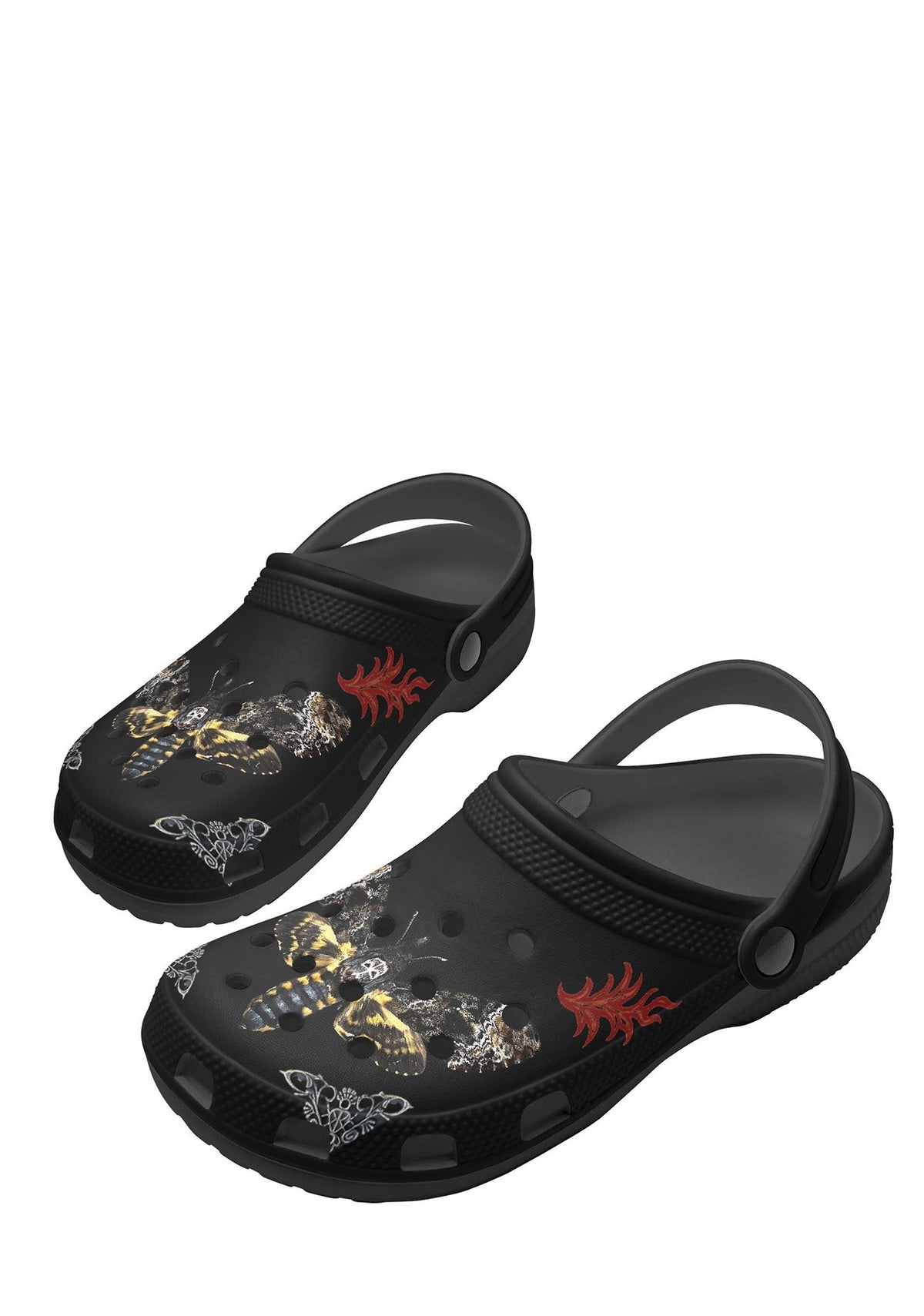 Back angled view of gothic black slippers with tattoo motifs and flame pattern