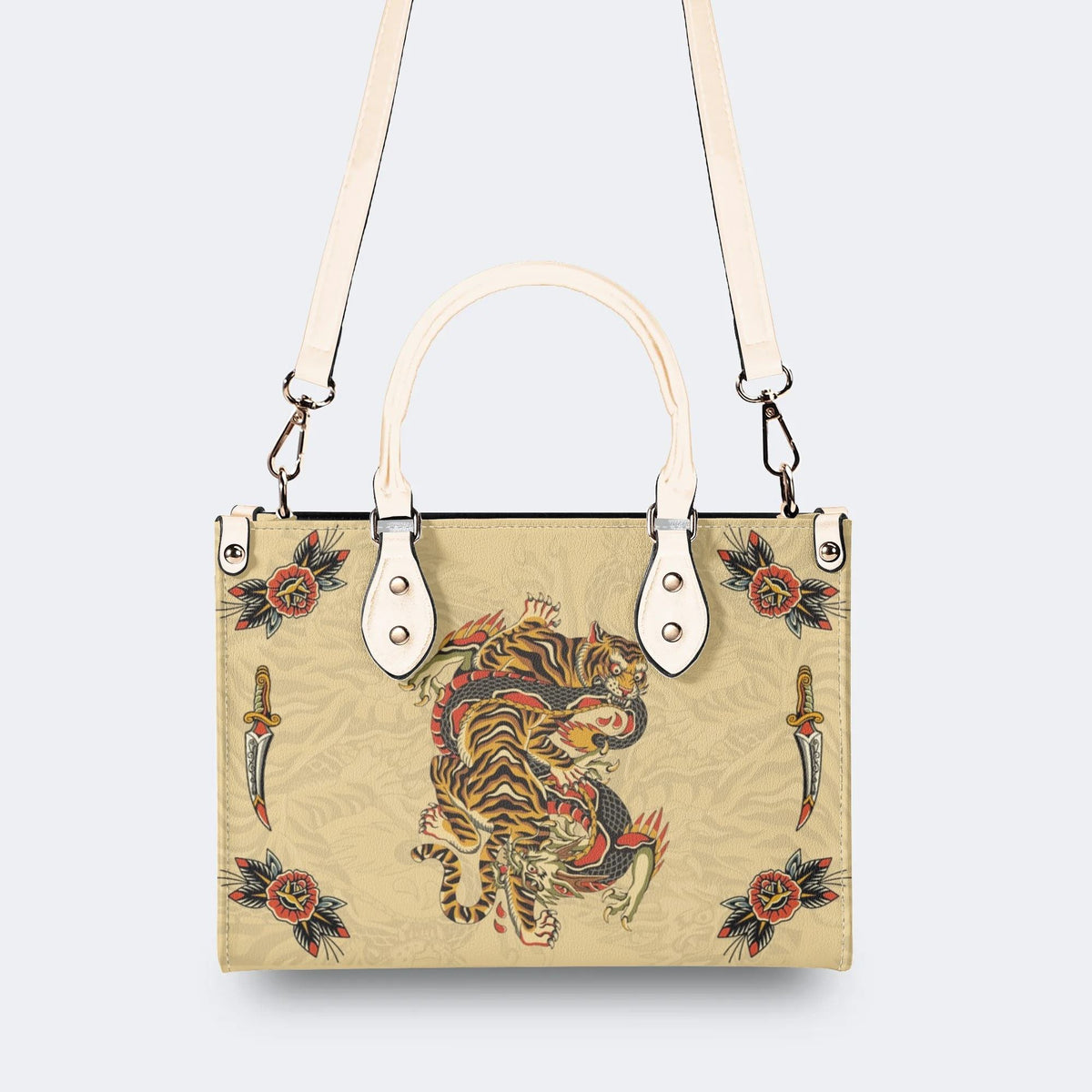 Traditional Tiger and Dragon Print - Leather Handbag