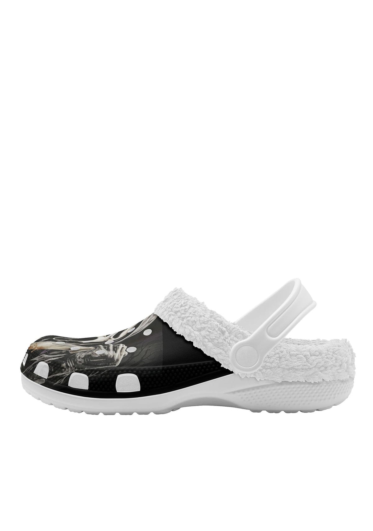 Side view of white slippers with ghost figure and spooky trees