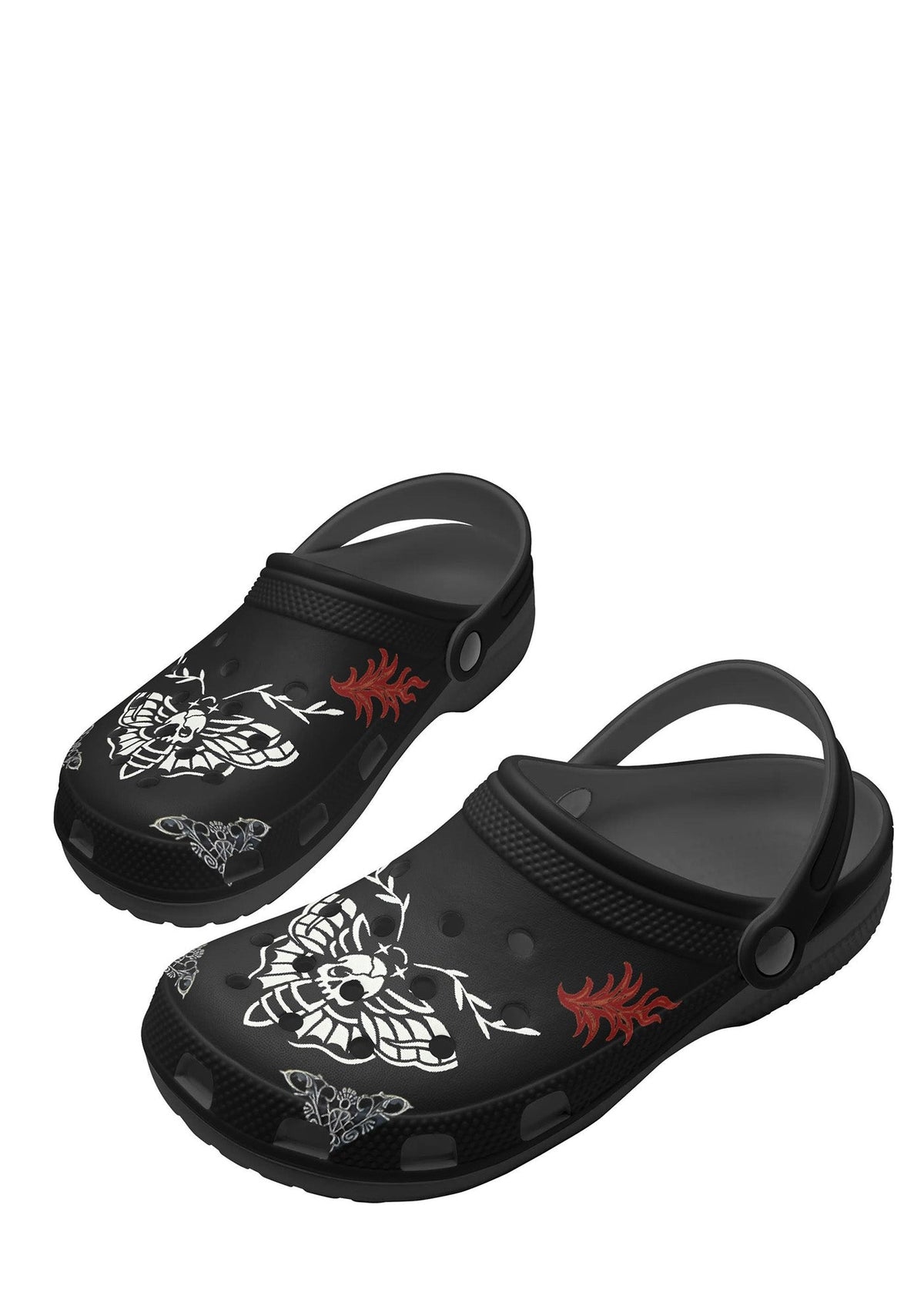Angled view of black Whispers In Bloom Slippers with adjustable back strap and tattoo design