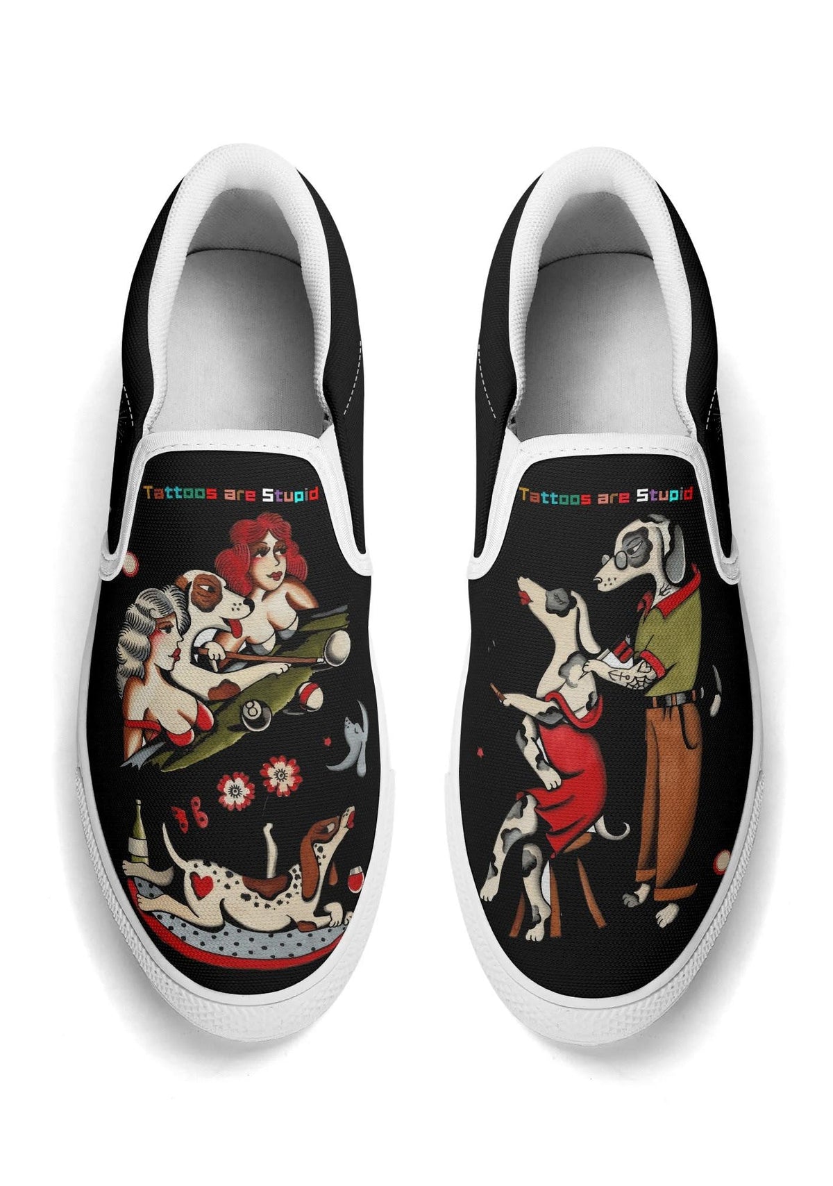 White-trimmed black slip-ons with vintage pin-up girl and dog art