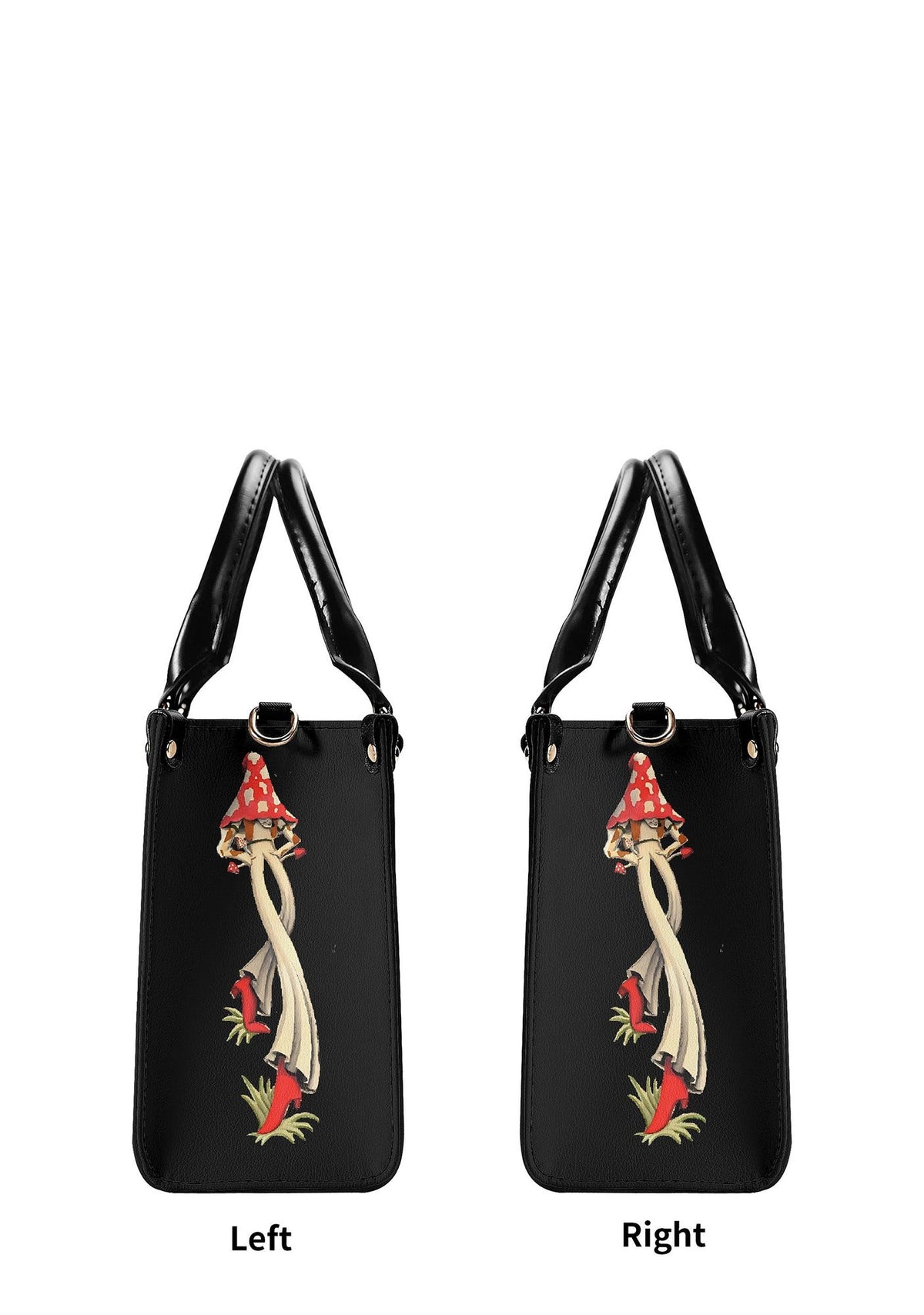 Mushroom character designs on left and right side panels of handbag