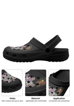 Close-up details of death moth print, floral tattoo accents, and lightweight black gothic slippers