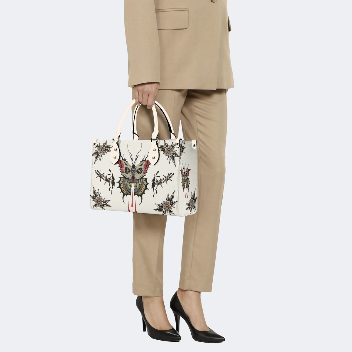 Death Moth And Flowers - Leather Handbag