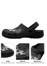 Close-up collage highlighting death moth print, mandala motif, and strap details on black tattoo slip-ons