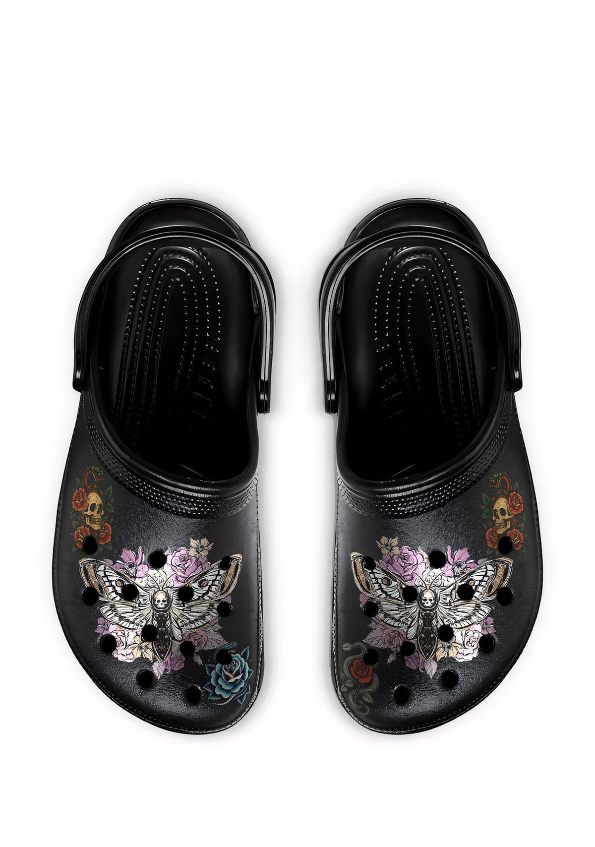 Top view of Requiem Bloom Slippers with death moth, skull, and floral tattoo art on black base