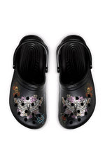 Top view of Requiem Bloom Slippers with death moth, skull, and floral tattoo art on black base
