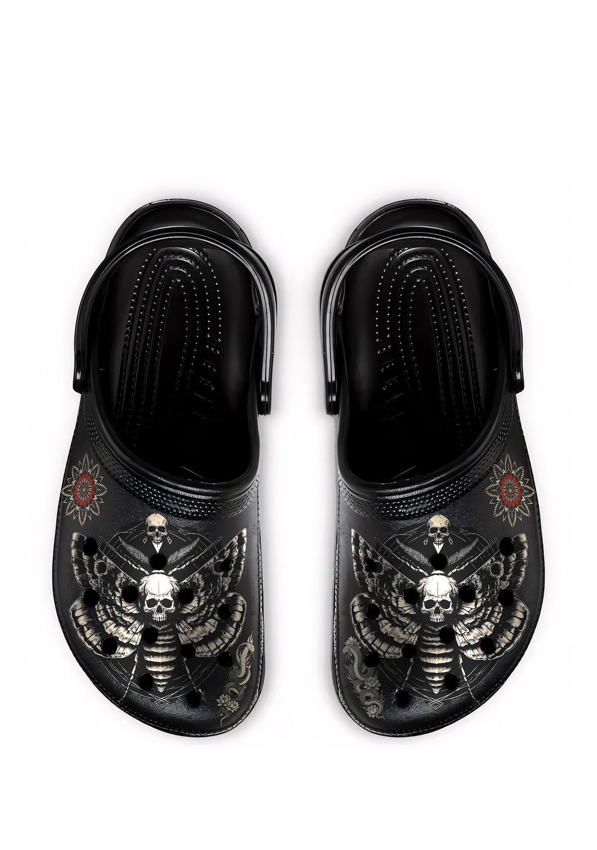 Top view of Skull Moth Ritual Slippers showing skull moth and occult pattern