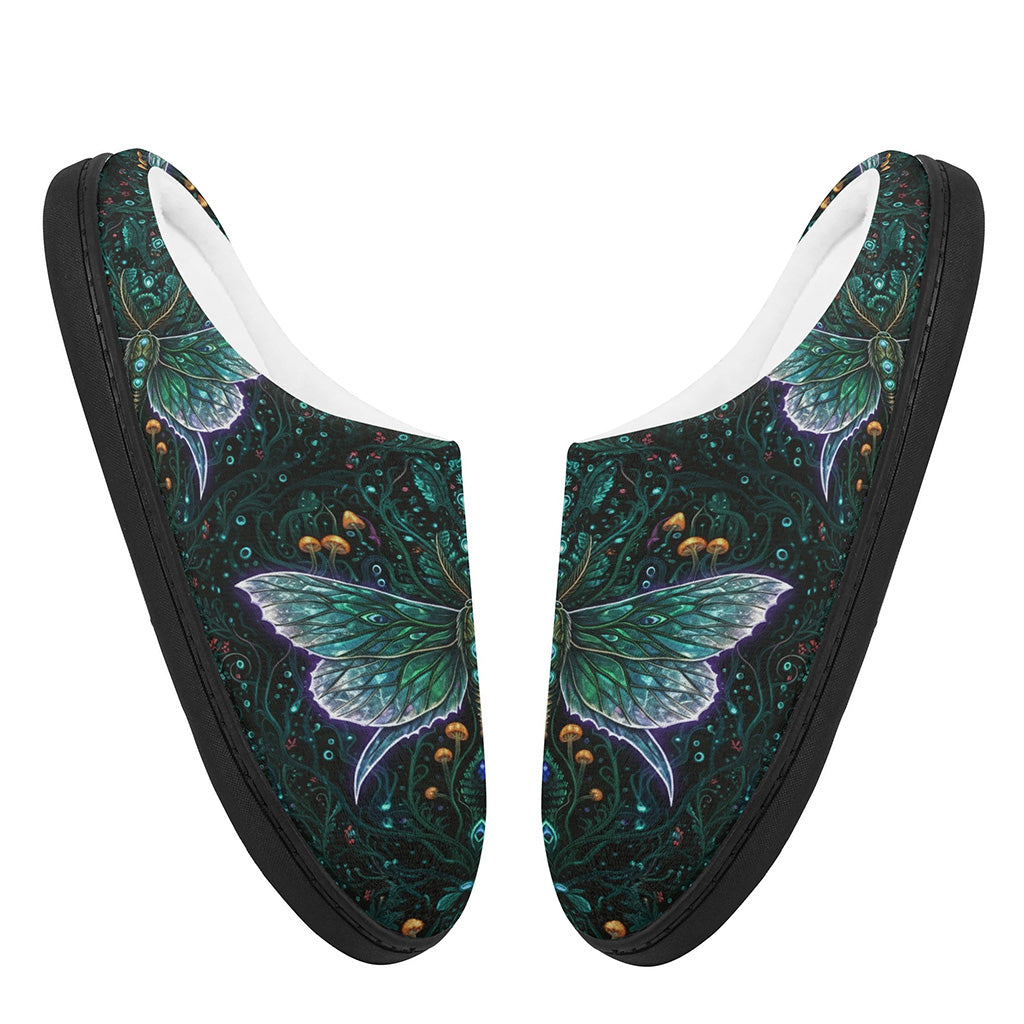 Emerald Feather Moth Fleece-Lined Slippers