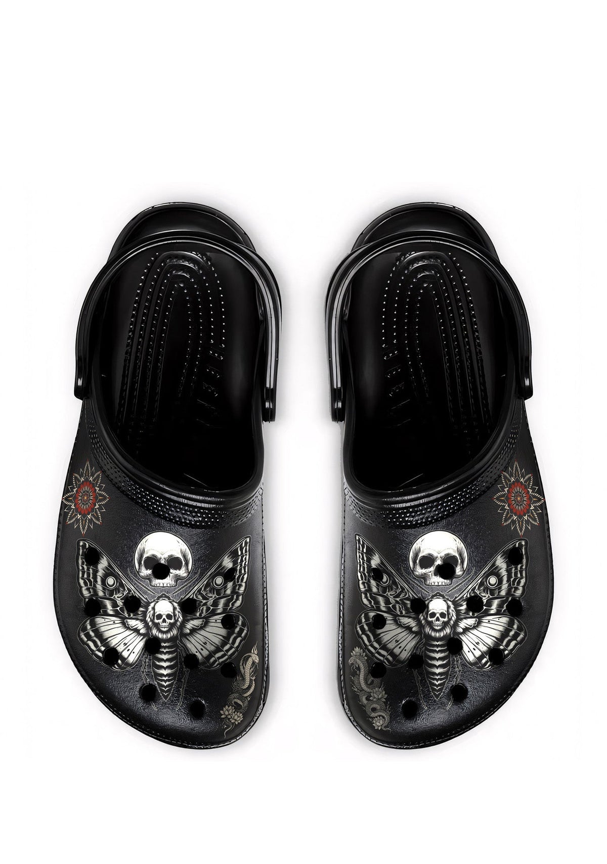 Top view of Requiem Moth Skull Slippers in black with gothic tattoo moth and skull design