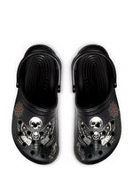Top view of Requiem Moth Skull Slippers in black with gothic tattoo moth and skull design