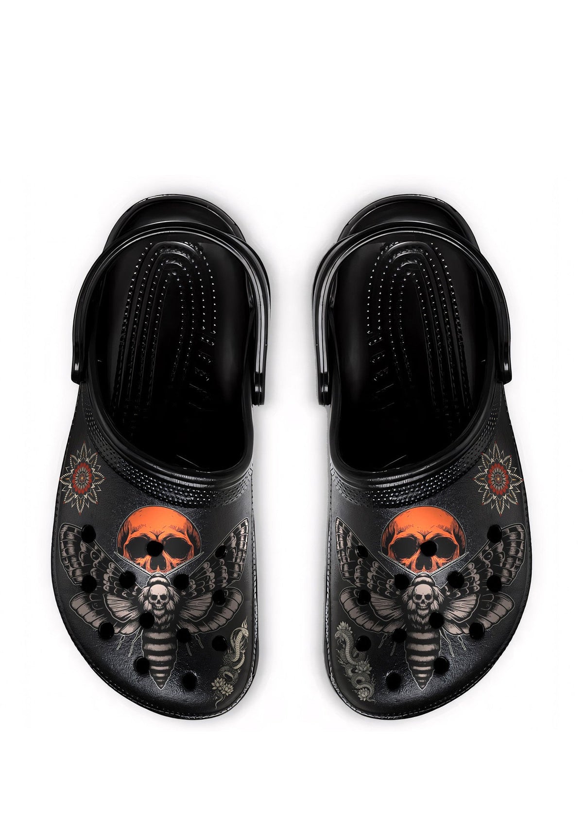 Black gothic slippers featuring a death moth and orange skull eclipse with vintage tattoo flowers