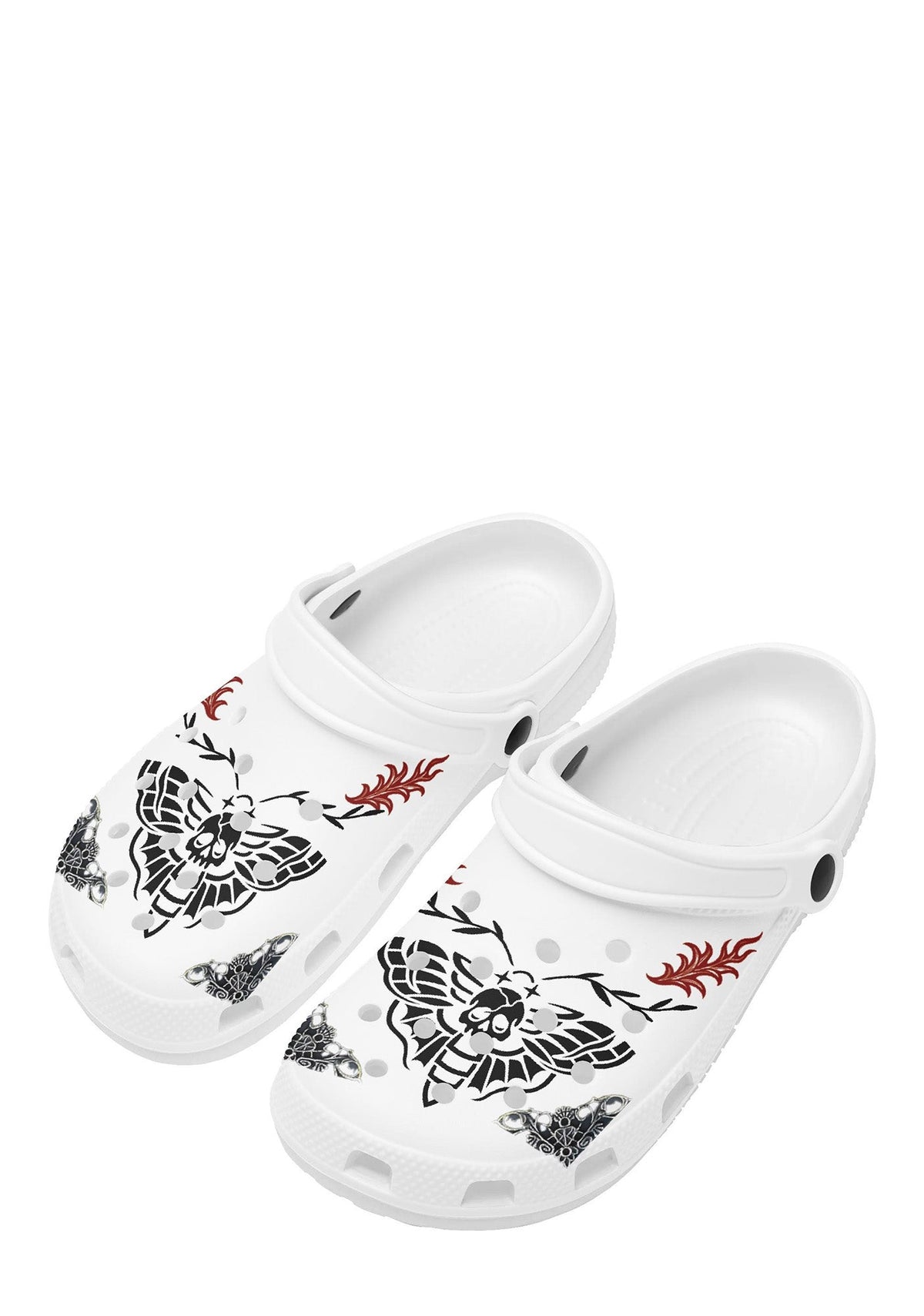 Angled front view of white Whispers In Bloom Slippers with gothic skull moth and flame art