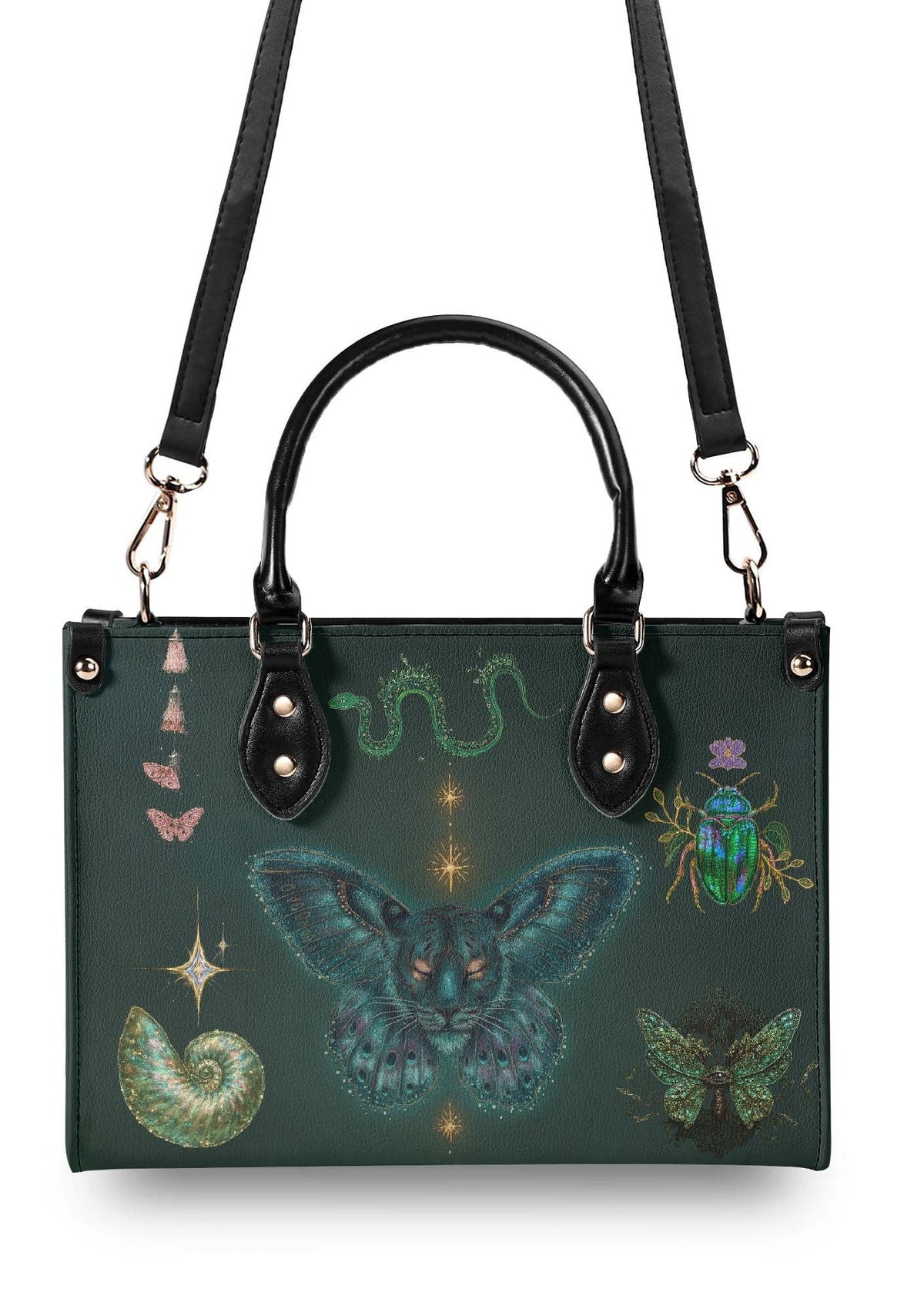 backside view of serpent and beetle-themed gothic handbag with black handles