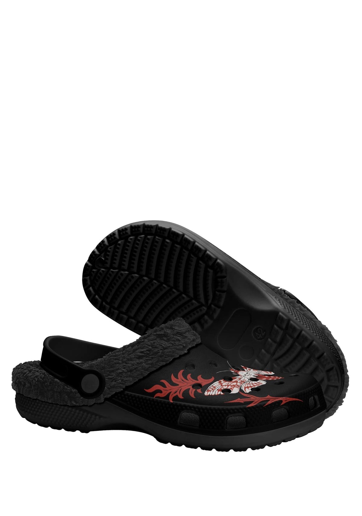 Sole view of comfy gothic clogs with black tread