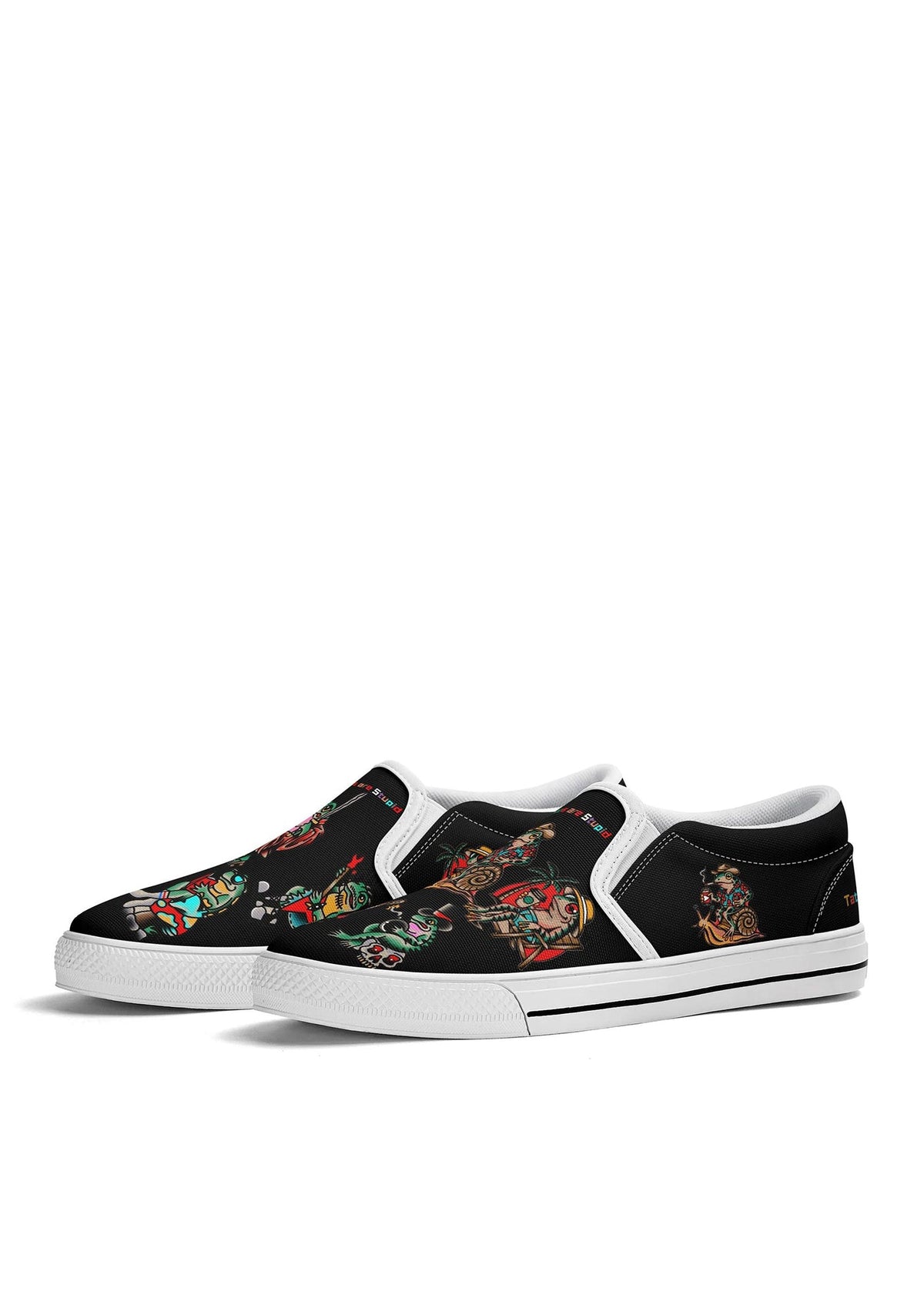 White-trimmed slip-on shoes with vintage cartoon frogs and rainbow anti-tattoo statement on top