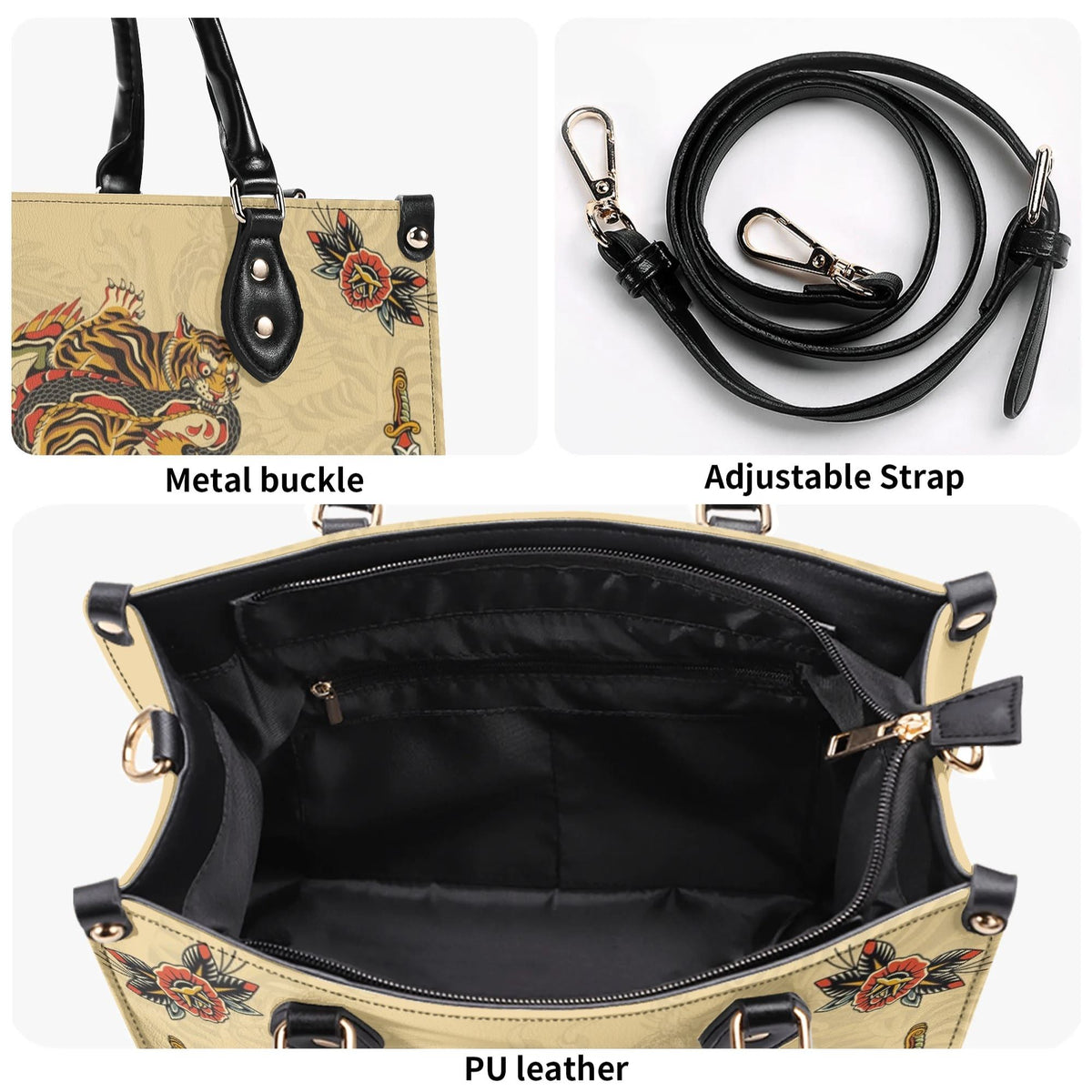 Traditional Tiger and Dragon Print - Leather Handbag